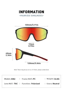 Detailed size chart for oversized sports sunglasses with dimensions and frame specs