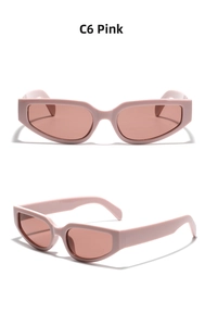 Detailed front and side view of trendy pink Y2K cat-eye sunglasses with glossy frame
