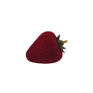 Pink strawberry shaped velvet jewelry box for ring storage with green leaf detail