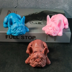 Detailed silicone mold view showing three colorful bulldog statues with realistic skin folds