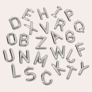 Detailed view of mirror-polished silver 3D balloon alphabet pendants in stainless steel