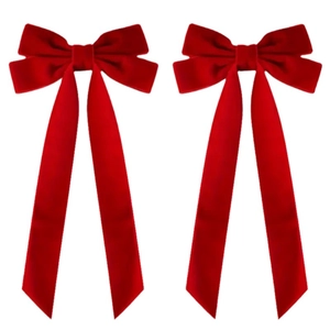 Elegant red velvet double bow hair accessories with long ribbons for festive styling