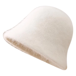 Winter fuzzy white angora wool blend bucket hat with soft knitted long hair texture