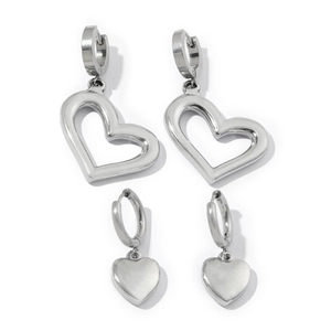 Minimalist silver stainless steel heart earrings set with hoop drops in multiple sizes