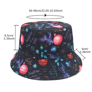 Black Christmas bucket hat with snowflake patterns and size dimensions 56-58cm