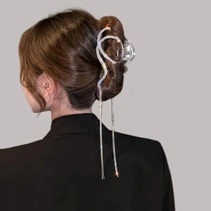 Elegant silver hair claw clip with rhinestones and long tassels for women's updo hairstyles