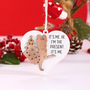 Heart-shaped wooden Christmas ornament with couple silhouette and holiday message