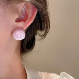 Pink marble pattern stud earring with silver needle and round sweet minimalist design