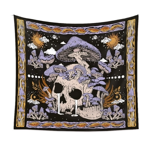 Dark gothic mushroom skull tapestry with moon and sun stars border for room wall decor
