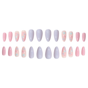 Set of 24 pink and lilac almond press-on nails with French heart and polka dot designs