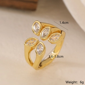 Macro shot of 18K gold plated ring featuring marquise zircon details and size dimensions
