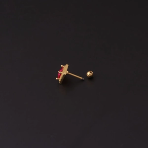 Fashionable square gold stud earring with red zircon stones and screw ball back