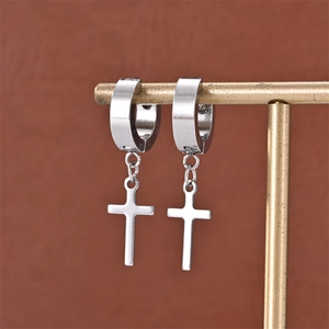 Unisex stainless steel cross drop hoop earrings in polished silver finish displayed on stand