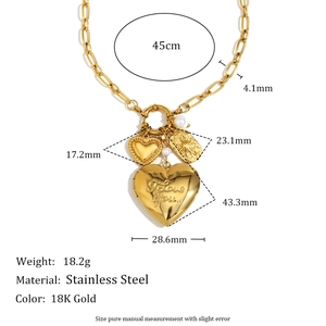 18K gold plated stainless steel heart pendant necklace with pearls on white background