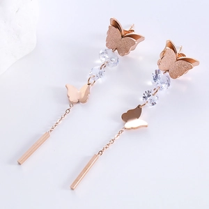 Rose gold butterfly tassel earrings with frosted texture and zircon crystals