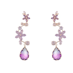 Boucles d'oreilles fleur avec pendentifs goutte d'eau violet dégradé et oxydes de zirconium