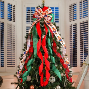 Nœud De Sommet De Sapin De Noël Tissu Imprimé Casse Noisette Plaid Longues Rubans Décoration De Fête Ornement Suspendu Rouge Vert