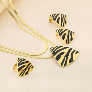 Detailed view of 18K gold stainless steel jewelry set with black zebra enamel triangles