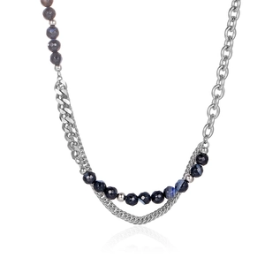 Double-layered titanium steel necklace with natural stones in silver and dark navy beads