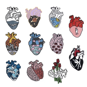 Creative collection of stylized heart enamel pins featuring waves, stars and floral designs