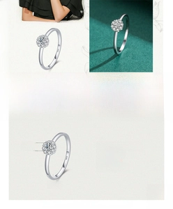 Detail showing S925 sterling silver stamp and sparkling floral cluster micro-pave ring