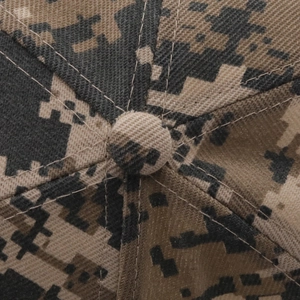 Top view detail of digital camouflage baseball cap featuring tactical pixel pattern stitching