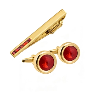 Men's gold business suit set with red crystal cufflinks and matching tie clip