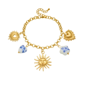 Gold stainless steel bracelet with sun pendants and floral ceramic cloud beads on white