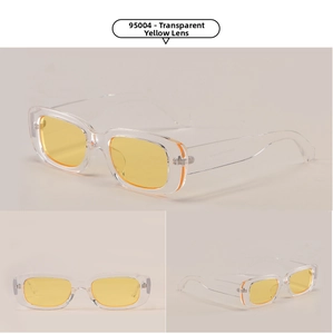 Macro detail of model 95004 vintage rectangle sunglasses with transparent yellow frame