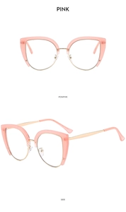 Front and side views of fashionable pink cat eye glasses with metal temples and acetate frame