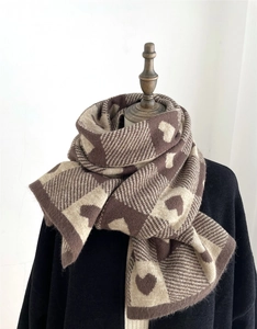 Close-up of thick knitted heart pattern scarf showing retro brown plaid fabric textures