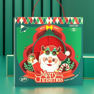 Christmas 4-slot gift box with window, classic red and green festive paper packaging bag