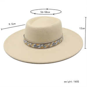 Detailed view of beige wool fedora with 9.5cm brim and geometric band dimensions