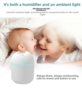 Detail of white mini USB humidifier with colorful LED light and blue luminous ring