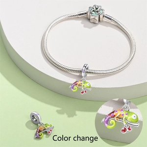 Macro detail of color-changing chameleon charm with S925 silver hallmark and enamel