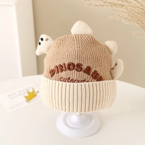 Winter knit dinosaur hat for kids with ear protection and warm thick color block fleece