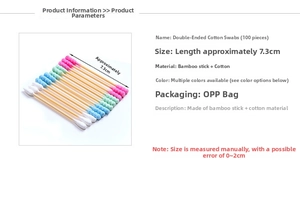 Detail of 7.3cm double-headed cotton swabs with bamboo sticks in various colors