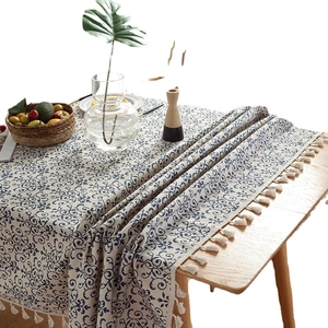 Linen rectangle tablecloth with blue floral pattern and elegant tassel edges