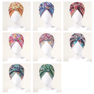 Set of bohemian turban hats with diverse paisley patterns and stylish twisted knot designs