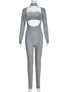 Slim fit silver sequin bodysuit with high neck, long sleeves and front cut-out design