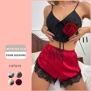 Women Satin Sleepwear Camisole Top And Shorts With Lace Trim V Neck Backless Bow Knot Sexy Loungewear