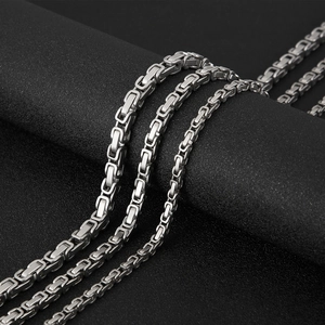 Three sizes of stainless steel Byzantine square chain necklaces for men in silver finish
