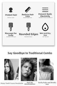 Detail view of anti-static hair brush features for scalp massage and hair protection