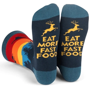 Detail of dark blue crew socks with palm tree stripes and Eat More Fast Food print