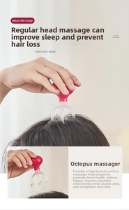 Manual octopus head massager with red handle used on scalp for fatigue relief and relaxation