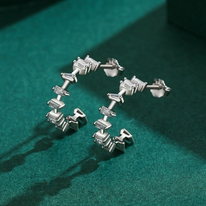 Elegant S925 sterling silver C-shaped hoop earrings with inlaid trapezoid zircons