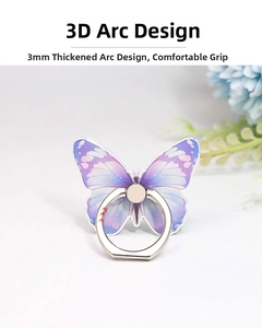 Detail view of butterfly phone ring holder with 3D curved edges and 3mm thickness