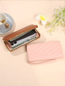 Pink and brown PU leather long wallets with V-quilt pattern and large capacity