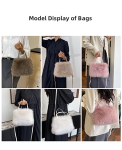 Detail view of faux fox fur crossbody bags in brown, beige, pink, and white plush textures