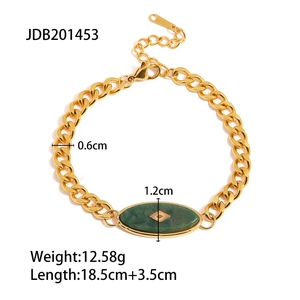 Detailed specs of vintage gold titanium steel bracelet with green African jade inlay